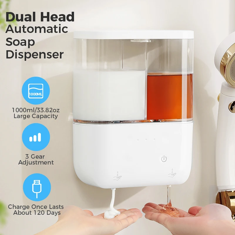 

Automatic Soap Dispenser 1000ml Double-Head Touchless Rechargeable Foam Hand Sanitizer Dispenser with 3 Adjustable Levels