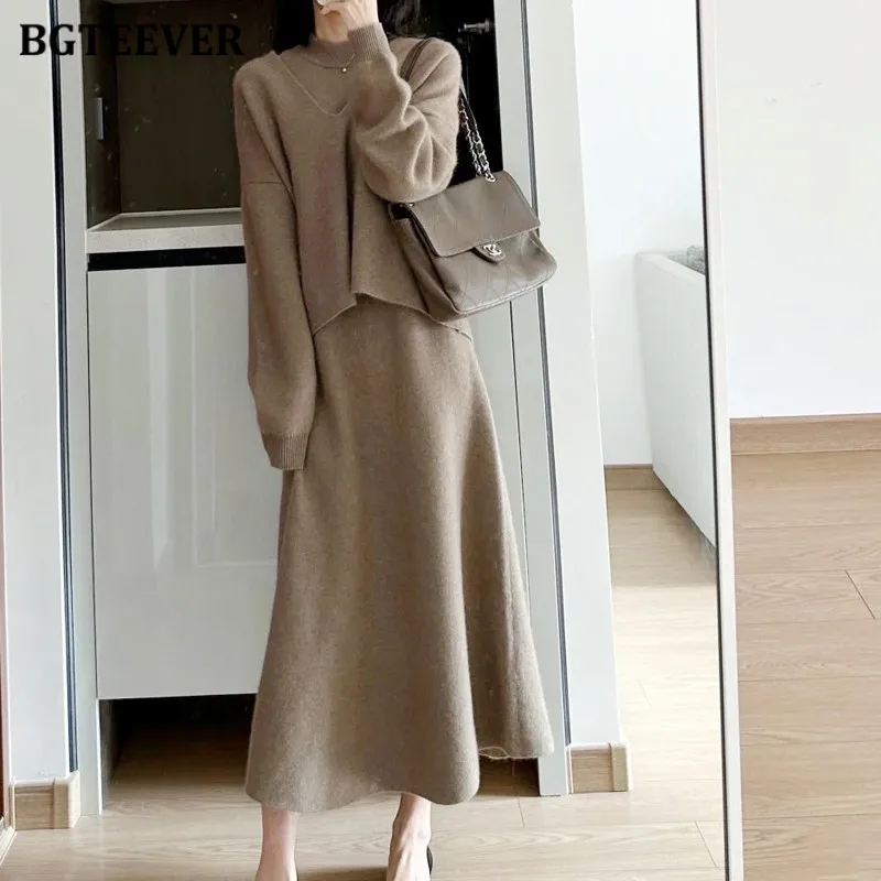 BGTEEVER Elegant Slim Ladies 2 Pieces Knitted Dress Set V-neck Long Sleeve Sweaters Women Sleeveless A-line Dress Autumn Winter