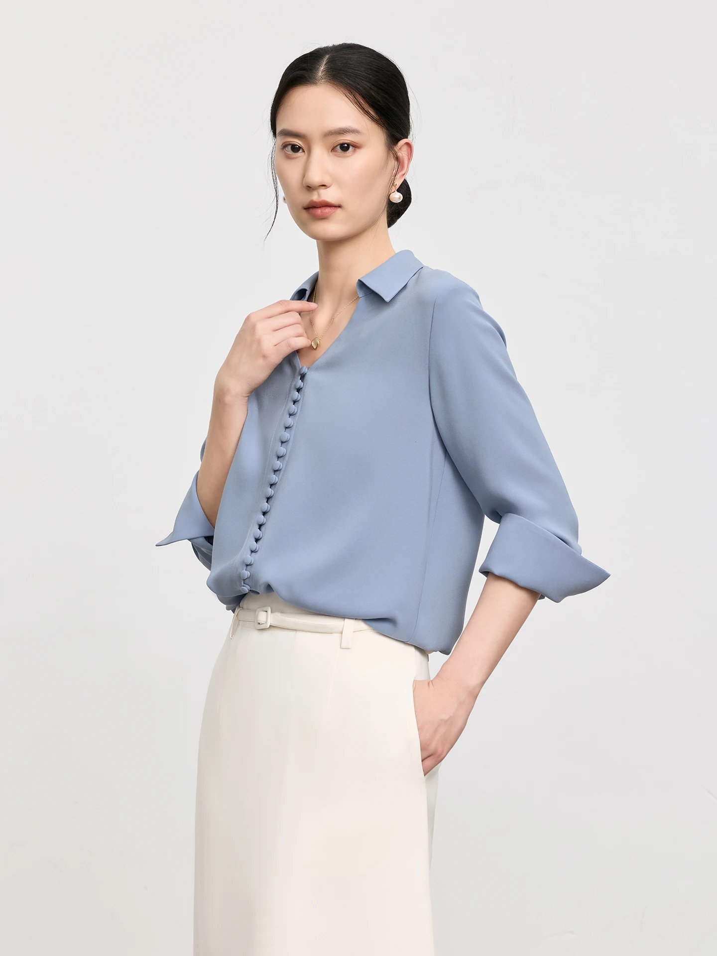 

Lightweight Comfortable Breathable V-Neck Long Sleeve Shirt Top Masjm Three Acetate French Style Straight Cut Women's Shirt