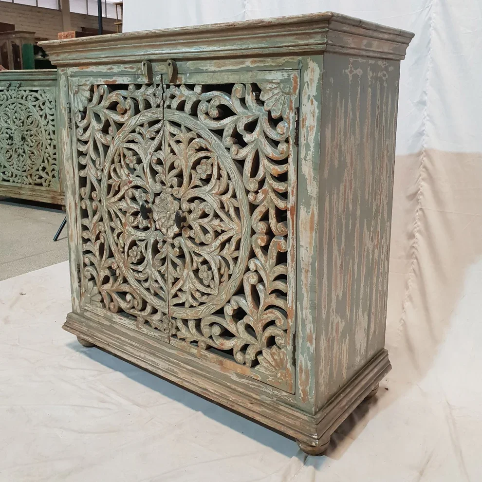 Modern Boho Vintage Convertible Bedside Nightstand Handcrafted Solid Teak Wood Intricate Carvings Bedroom Furniture Apartment