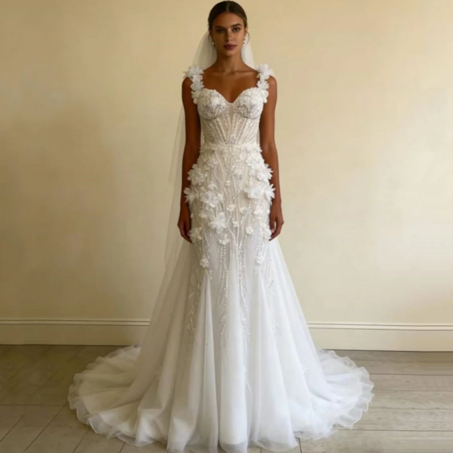 

Luxurious Sweetheart Mermaid Wedding Dress Elegant 3D Decal Beaded Bride Dress Romantic Garden Wedding Party Dress Customized