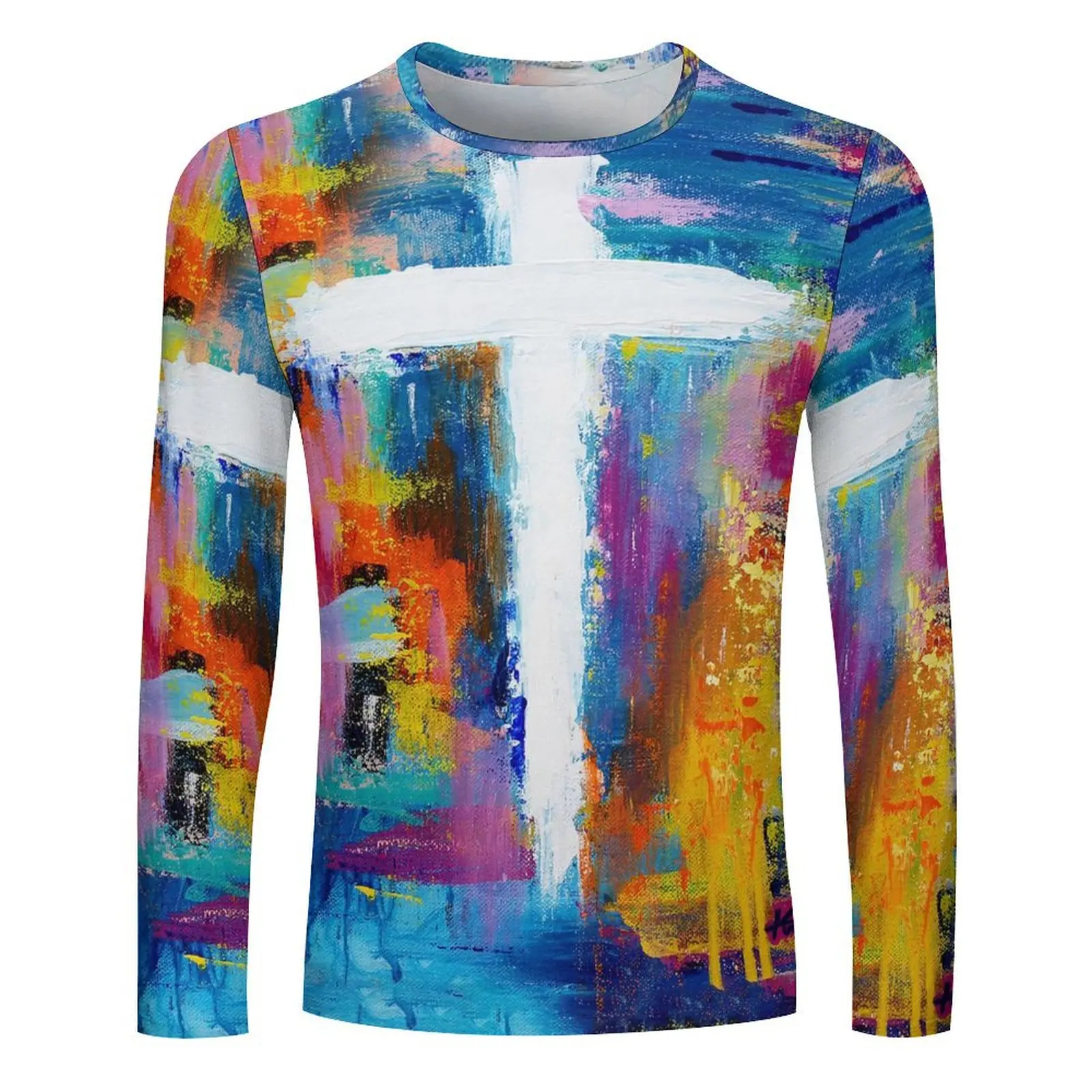 Men's/Women's Autumn Simple Loose Casual Round Neck Dopamine Oil Painting Style Gradual Tie-Dye Printed Long Sleeve T-Shirt