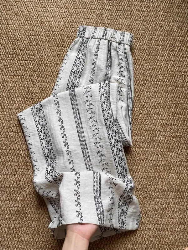 

Женские повседневные брюки в деревенском стиле с широкими штанинами, из хлопка и льна, с принтом, с высокой талией, прямого кроя, летние, новые, стройнящие