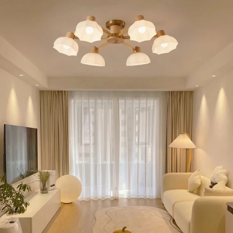 

2026 for Nordic Rubber Wood Ceiling Lights with Glass Shades for Living Room Bedroom Modern Warm White Cool Light Fixtures