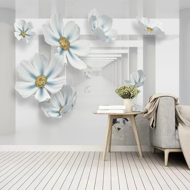 

Custom Size 3D Stereo Space Embossed Mural White Flowers Jewelry Photo Wallpaper Bedroom Living Room Wall Decor Non-woven Paper