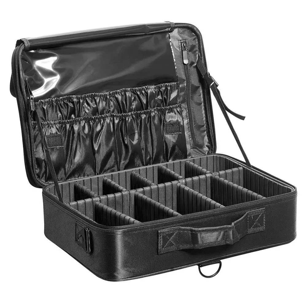 

Makeup Storage Case Large 3 Tier Waterproof Oxford Fabric Black Heavy Duty Handle Strap Carrier