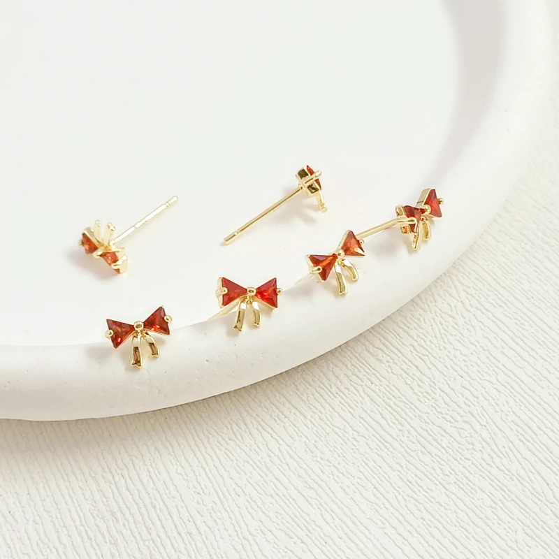 2 Pair 14K Copper Clad Gold Inlaid with Zircon Exquisite Small Bow S925 Earrings Handmade DIY Ear Jewelry Accessory Materials