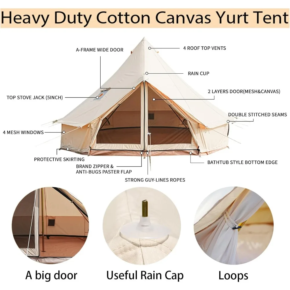 Bell Tent,4 Seasons Breathable 100% Cotton Canvas Yurt Tent - w/Stove Jack,Luxury Camping Tent Outdoor,Zipped Removable Floor