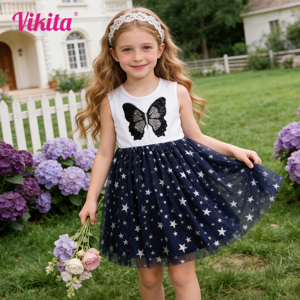 VIKITA Girls Sleeveless Summer Navy Blue White Patchwork Dress Kids Butterfly Appliqued Star Shiny Party Princess Elegant Frocks