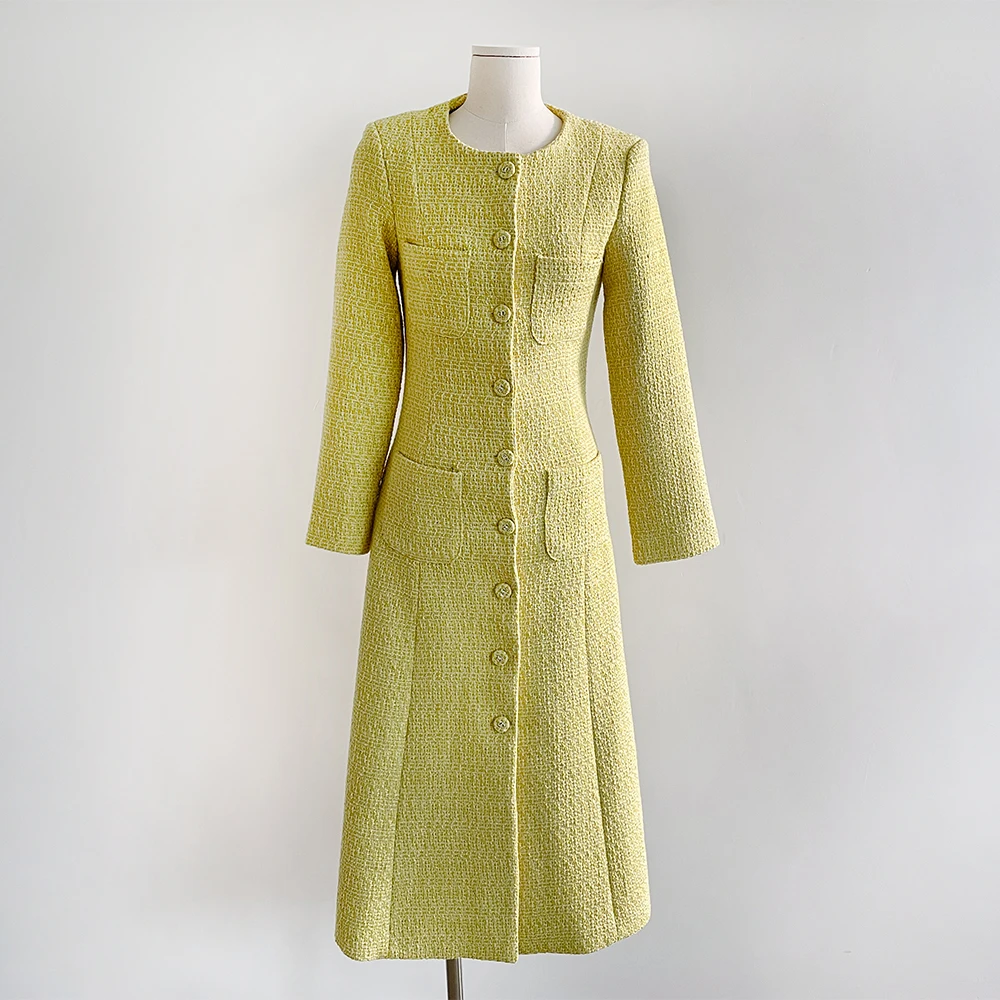 Elegant Chic Autumn Winter Yellow Tweed Long Dress High Quality Women Round Collar Fours Pockets Woolen Slim Office Maxi Vestido