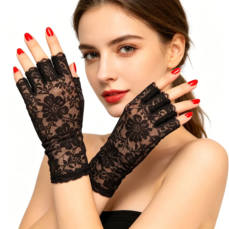 

Black Fingerless Sexy Lace Gloves Women Sun Protection Gloves Women Driving Mittens For Bride Ladies Half Finger Fishnet Gloves