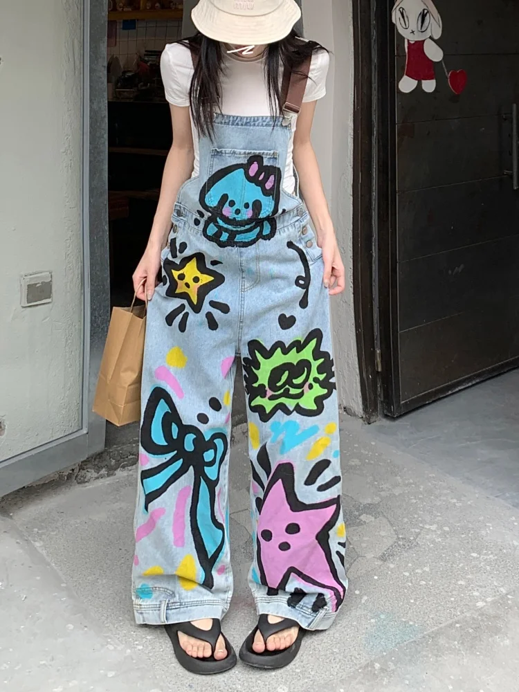 

2023 трендовые мешковатые женские комбинезоны в стиле Y2K с граффити, джинсы, брюки для женской одежды, винтажные синие комбинезоны, джинсовые брюки
