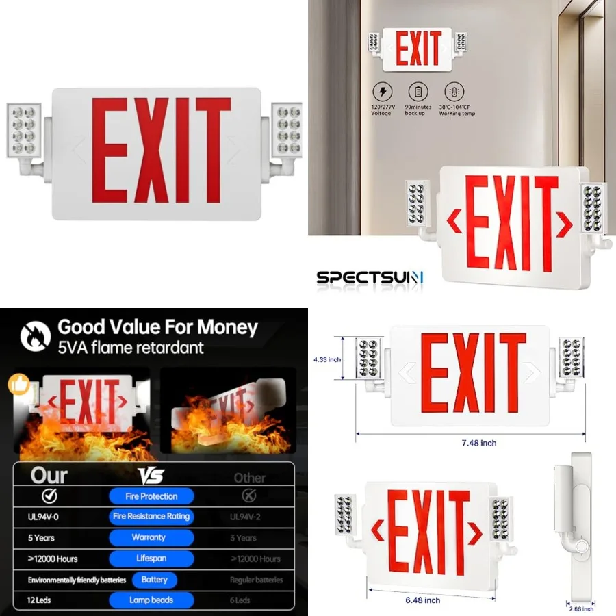 Spectsun 1 Pack Exit Signs with Emergency Lights, Two LED Adjustable Head Emergency Exit Light with Battery Backup, Hard Wi, UL