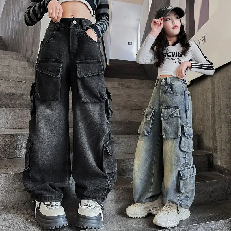 Girls Spring and Autumn Denim Cargo Pants Children Hip Hop Performance Wear Bottoms Kids Large Pockets Jeans Clothes for Tweens