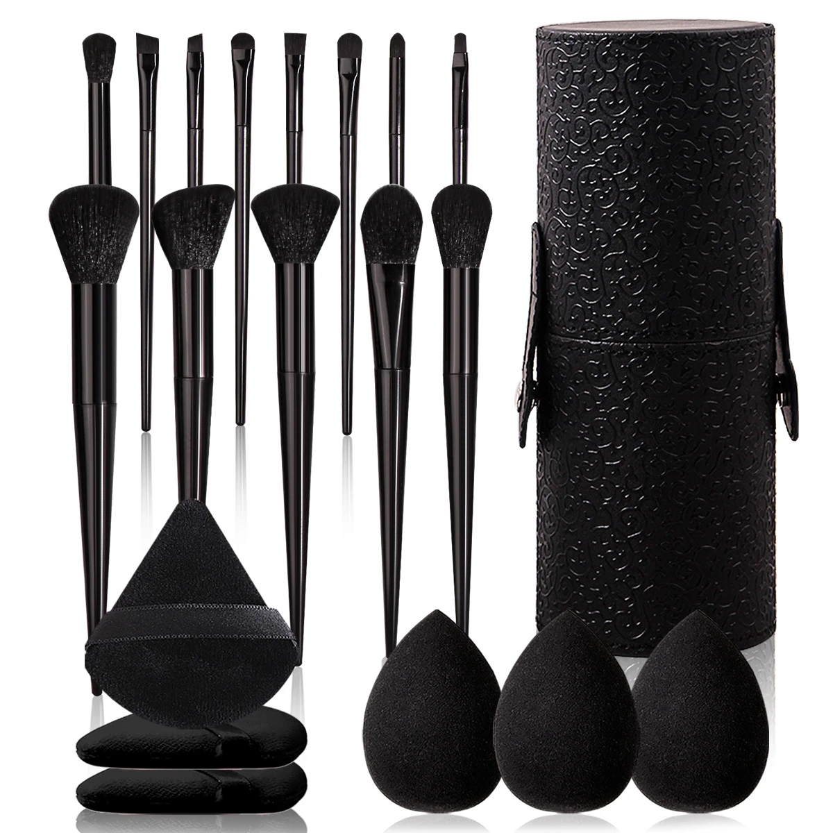 Black 20-Piece Makeup Tool Set: 13 Makeup Brushes +3 Pieces of Beauty Eggs +3 Pieces of Powder Puff +1 Piece of Storage Bucket