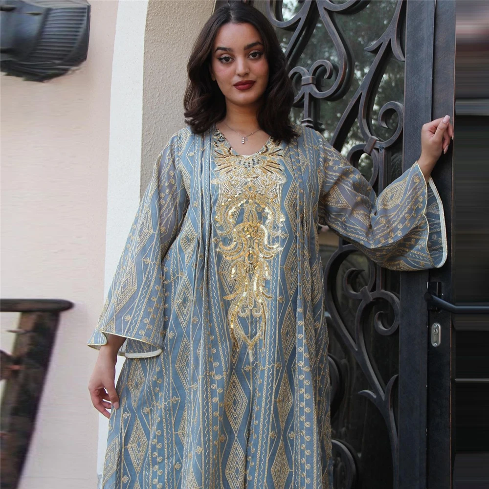 

Eid Mubarak 2024 Muslim Mesh Sequin Embroidery Abaya for Women Maxi Dresses Turkey Party Moroccan Jalabiya Caftan Gowns Vestidos