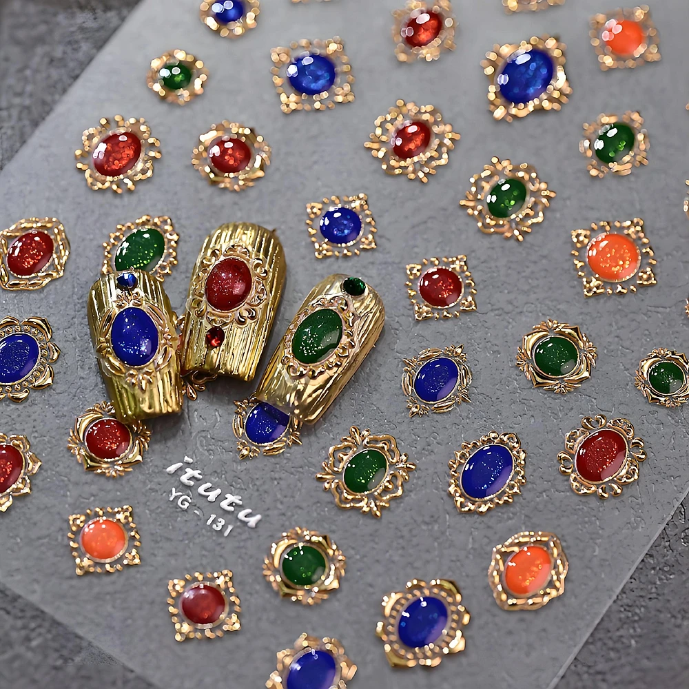 5D Baroque Embossed Relief Nail Stickers Exquisite Vintage Gemstone Luxury Bohemian Palace Style Nail Decoration Decals Supplies