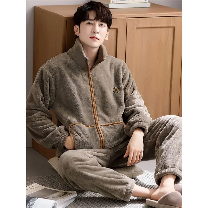 Men's Winter Sleepwear Coral Fleece Thickened Flannel Large Size Casual Long Sleeve Pyjamas Home Clothes Comfortable Pajamas