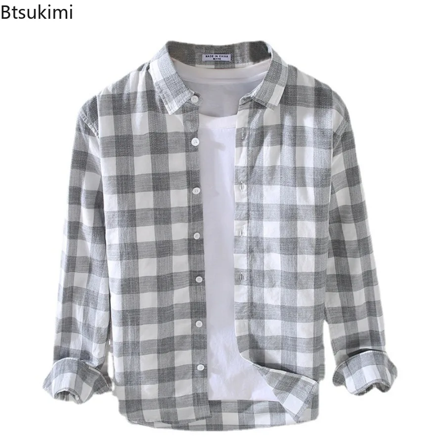 Spring Summer New Men's 100% Cotton Plaid Shirt 2025 Fashion Casual Long Sleeve Lapel Shirt Coats Comfortable Daily Tops for Men