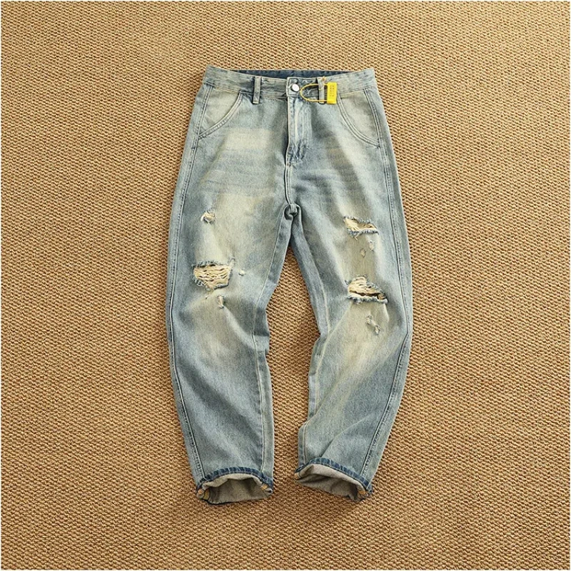 Light blue retro washed ripped jeans Men's retro trend high street casual straight cone denim pants