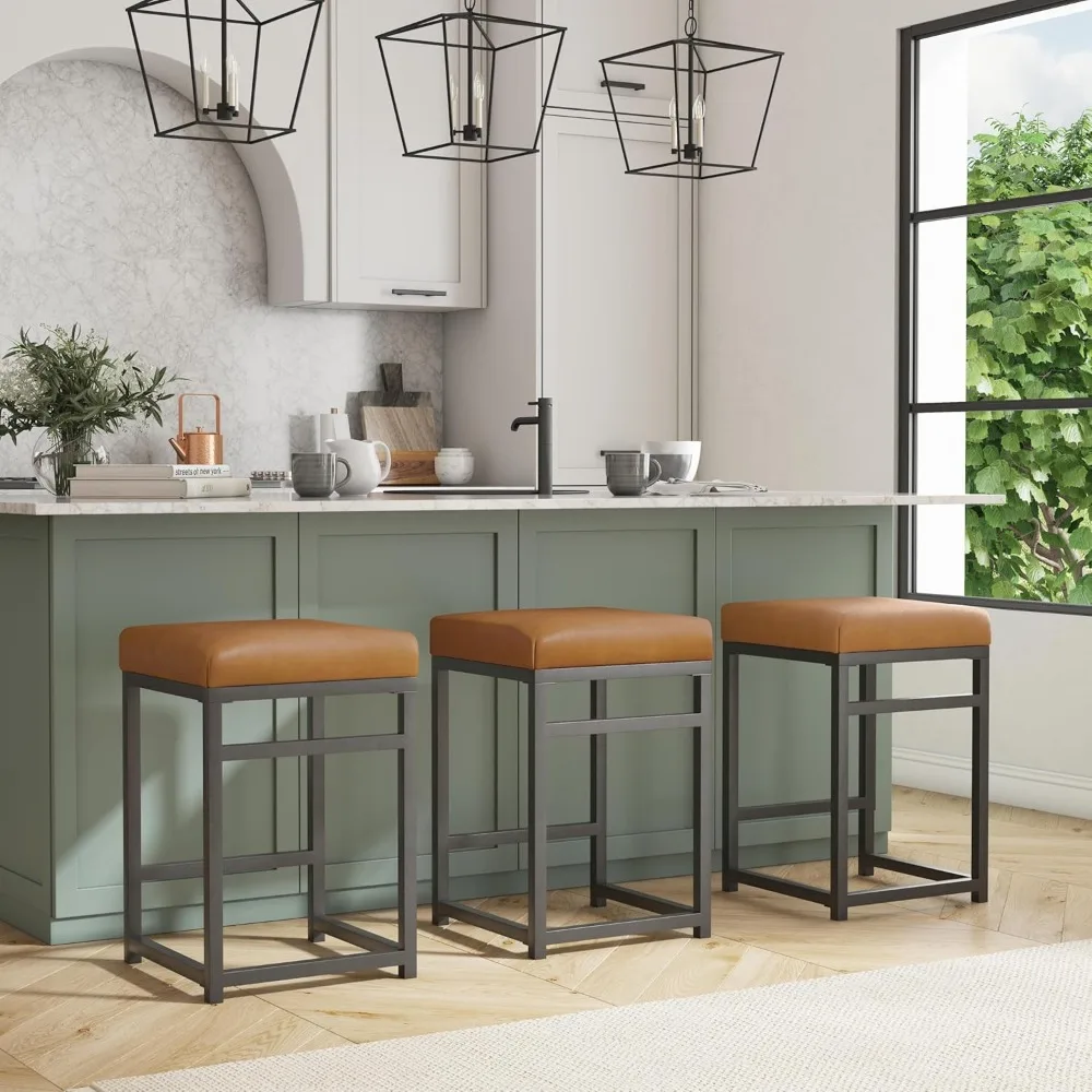 Modern 24-Inch Backless Counter Stool | Metal Frame Bar Stools | Faux Leather Kitchen Island Seating for Home Decor