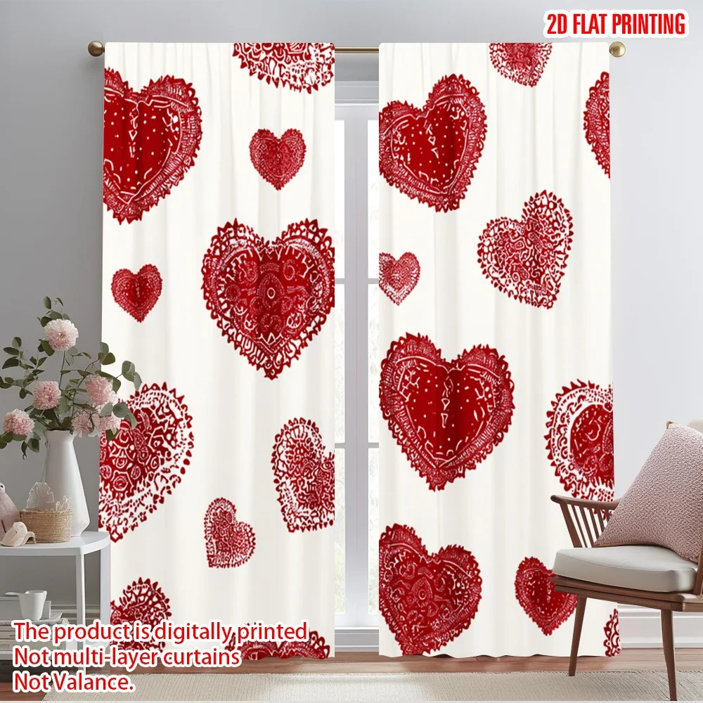 2pcs,2D plane printing Window Curtain Red Hearts and Snowflakes Polyester Fabric (without rod) Decorations For Home Perfect for