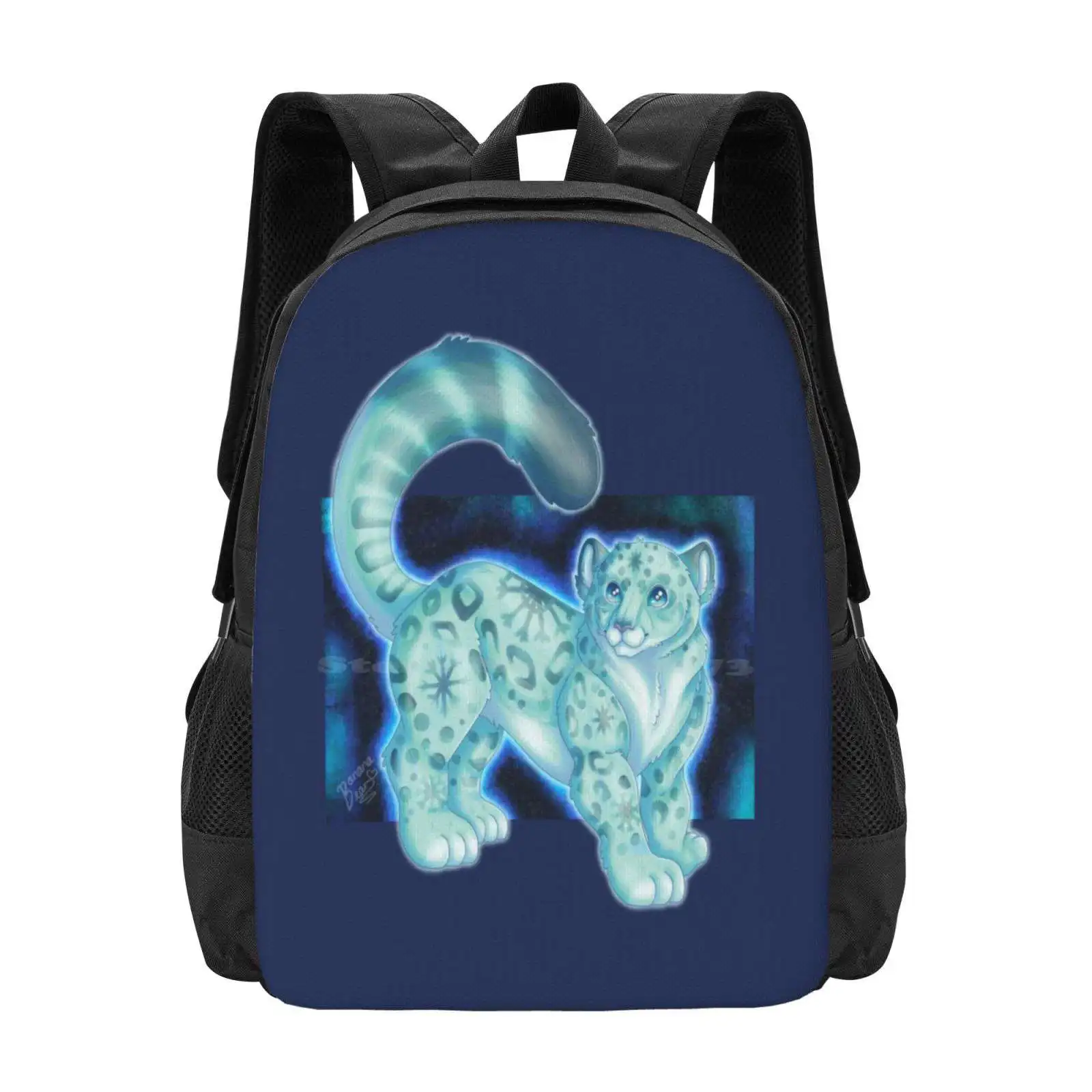 Snowy Snow Leopard (Blue) Hot Sale Schoolbag Backpack Fashion Bags Bananabeardraws Banana Bear Draws Snow Leopard Fantasy