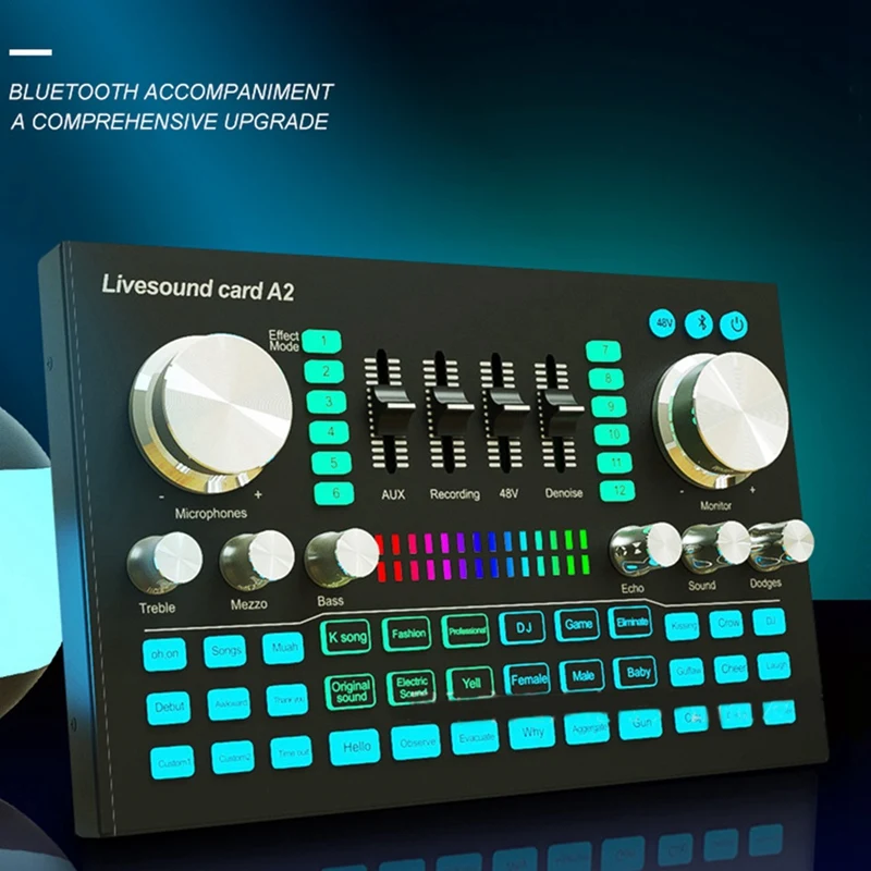 HFES A2 بطاقة الصوت الحية المحمولة بلوتوث كارت الصوت مهنة قابل للتعديل حجم الصوت لتسجيل الموسيقى كاريوكي الغناء