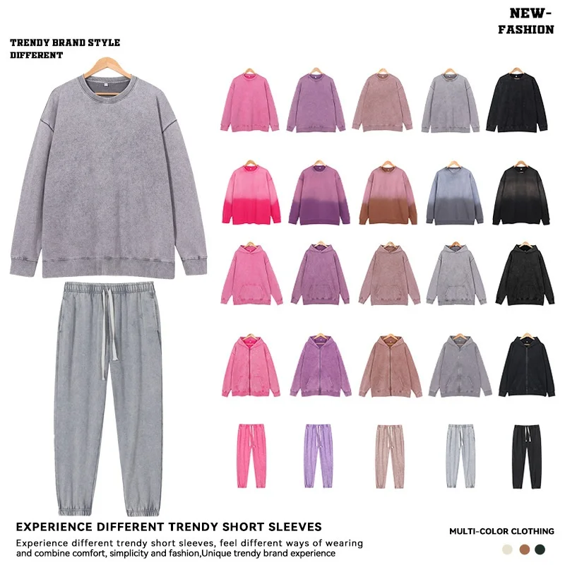 

Oversized Man Vintage Tracksuit for Sports Hip Hop Washed Crew Neck Sweatshirts Set Embossed Print Solid Brand Clothes Unisex