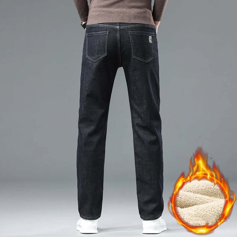 Inverno lã veludo negócios casual confortável térmico em linha reta preto azul denim calças jeans masculinas velo engrossado jeans