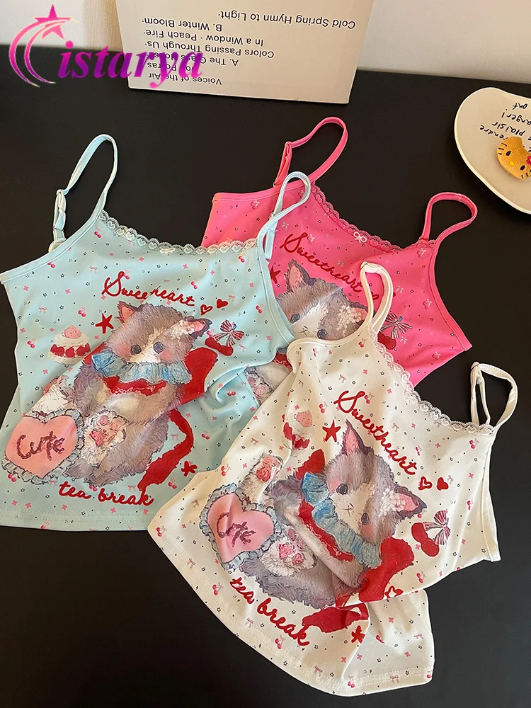 

Women Summer Kawaii Girls Camis Harajuku Lolita Style Tank Tops Lace Cartoon Cat Sweet Cute Camisole Vintage Y2K Vest