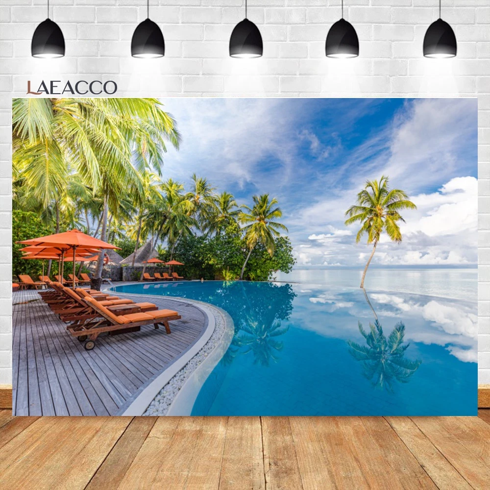 

Laeacco Summer Seaside Modern Villa Backdrop Blue Swimming Pool Sea View Room Interior Decor Portrait Photography Background