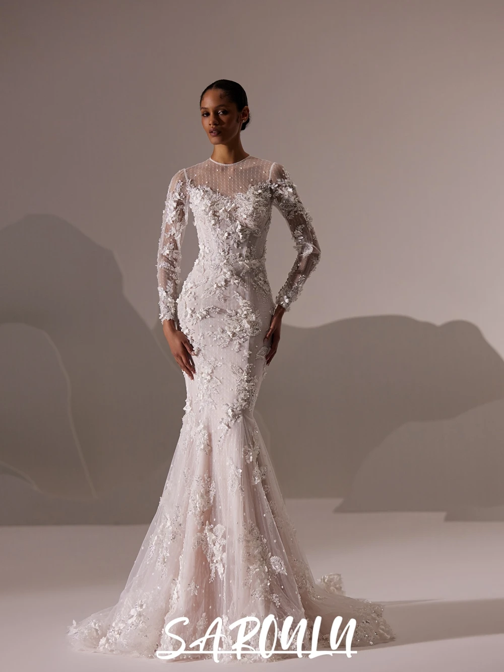 Botões de volta elegante sereia vestido de casamento para mulheres apliques de renda brilhante deslumbrante mangas compridas vestidos de noiva personalizados