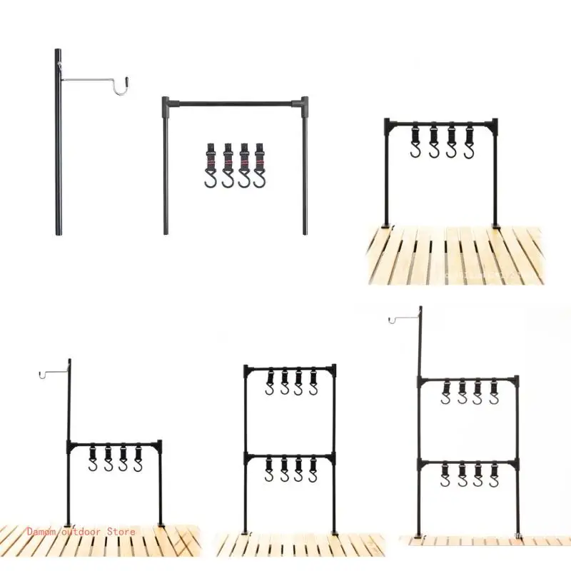 Camping Hanging Rack Camp Lamp Stand Folding Camping Cookware Shelf wIith Hooks