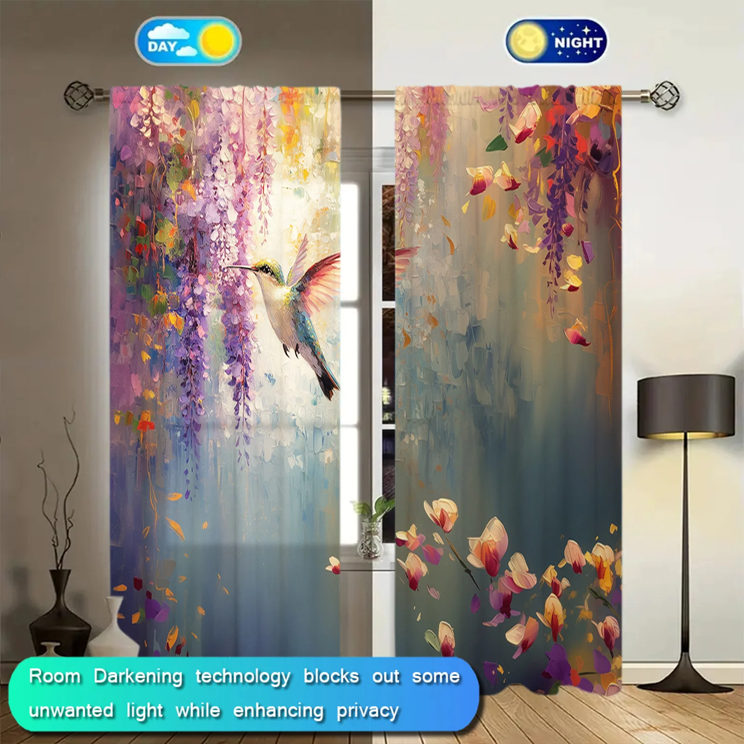 Bohemian Floral Hummingbird Watercolor Curtain Panels Abstract Nature Drapes for Living Room Home Decor Window Coverings Purple