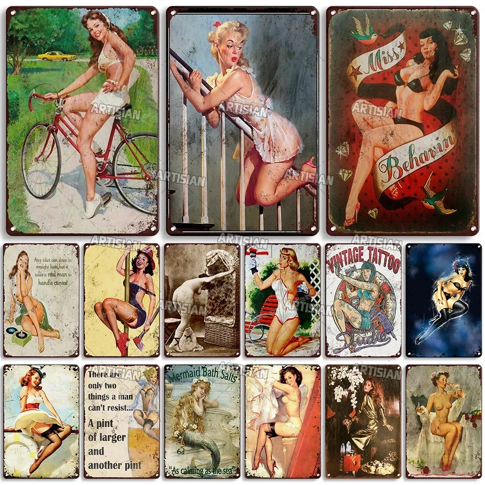 ARTISIAN Vintage Pin Up Girl Metal Tin Sign  Retro Home Decor Wall Plaque for Bar Studio Club  Decorative Poster Plate for Wall