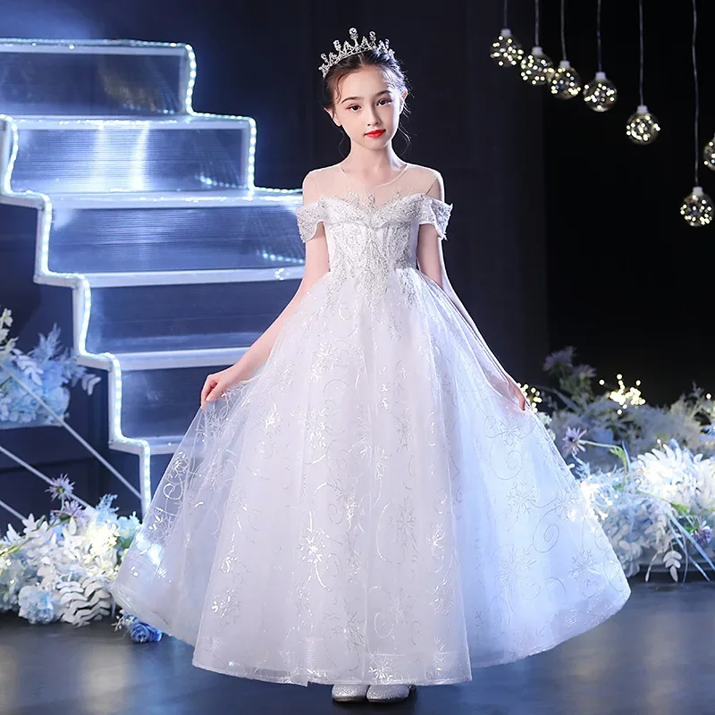 

Teenage Girls Dress White Children's Clothing Party Elegant Princess Long Tulle Baby Girls Kids Lace Wedding Ceremony Costumes