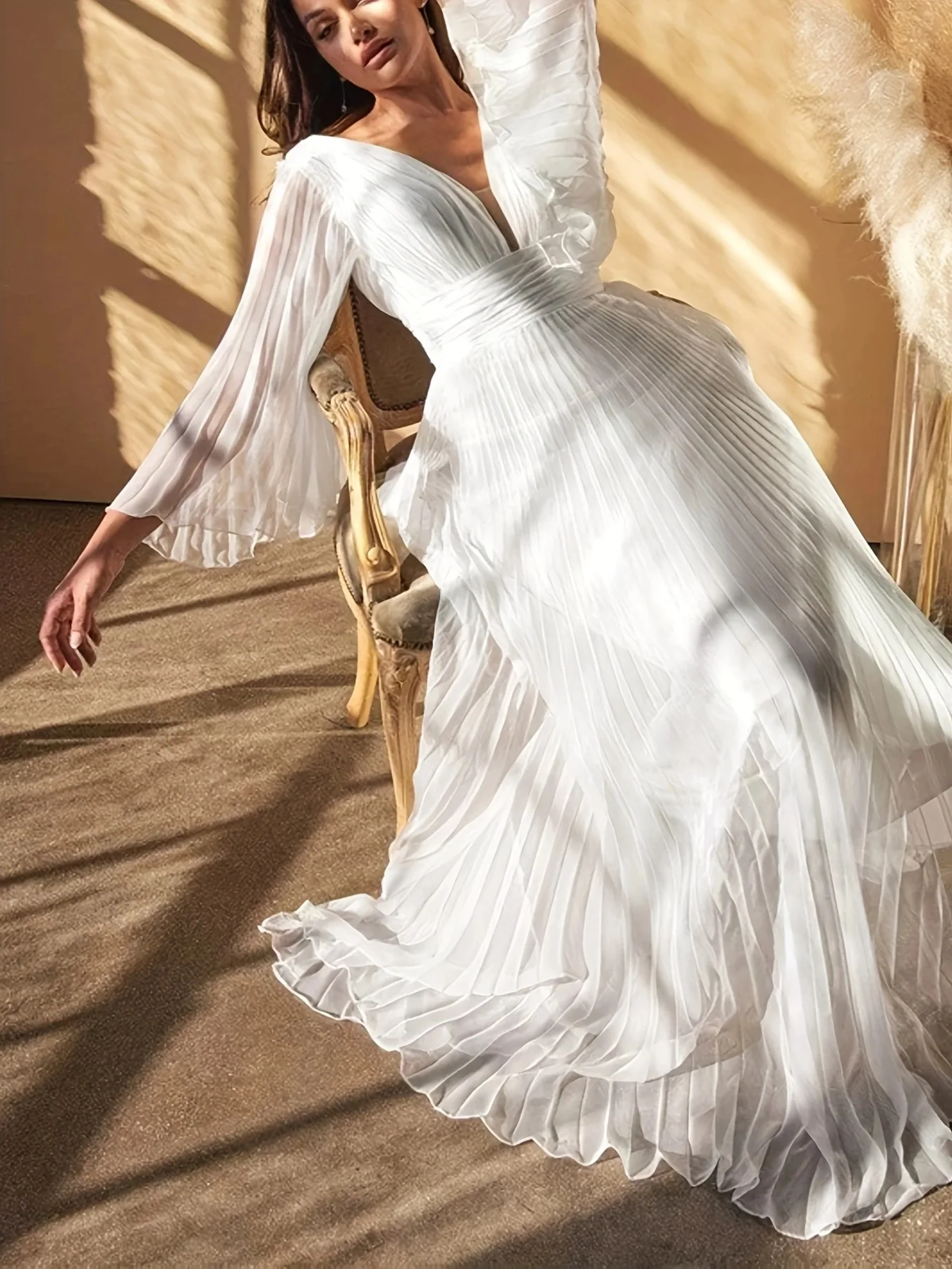 Elegant Solid Color V-neck Flared Long Sleeves Pleated Chiffon Long Plus Size Dress
