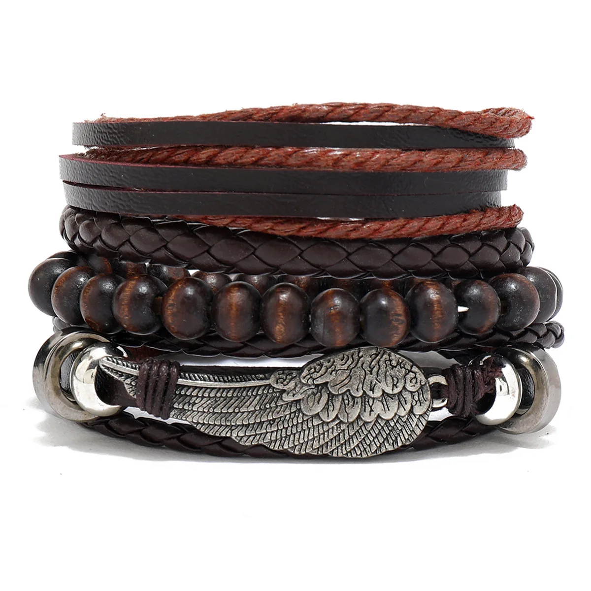 Leather Bracelet For Men New Fashion Feather Retro Style Bracelet Beads, Hand-Diy Woven Leather Bracelet Set