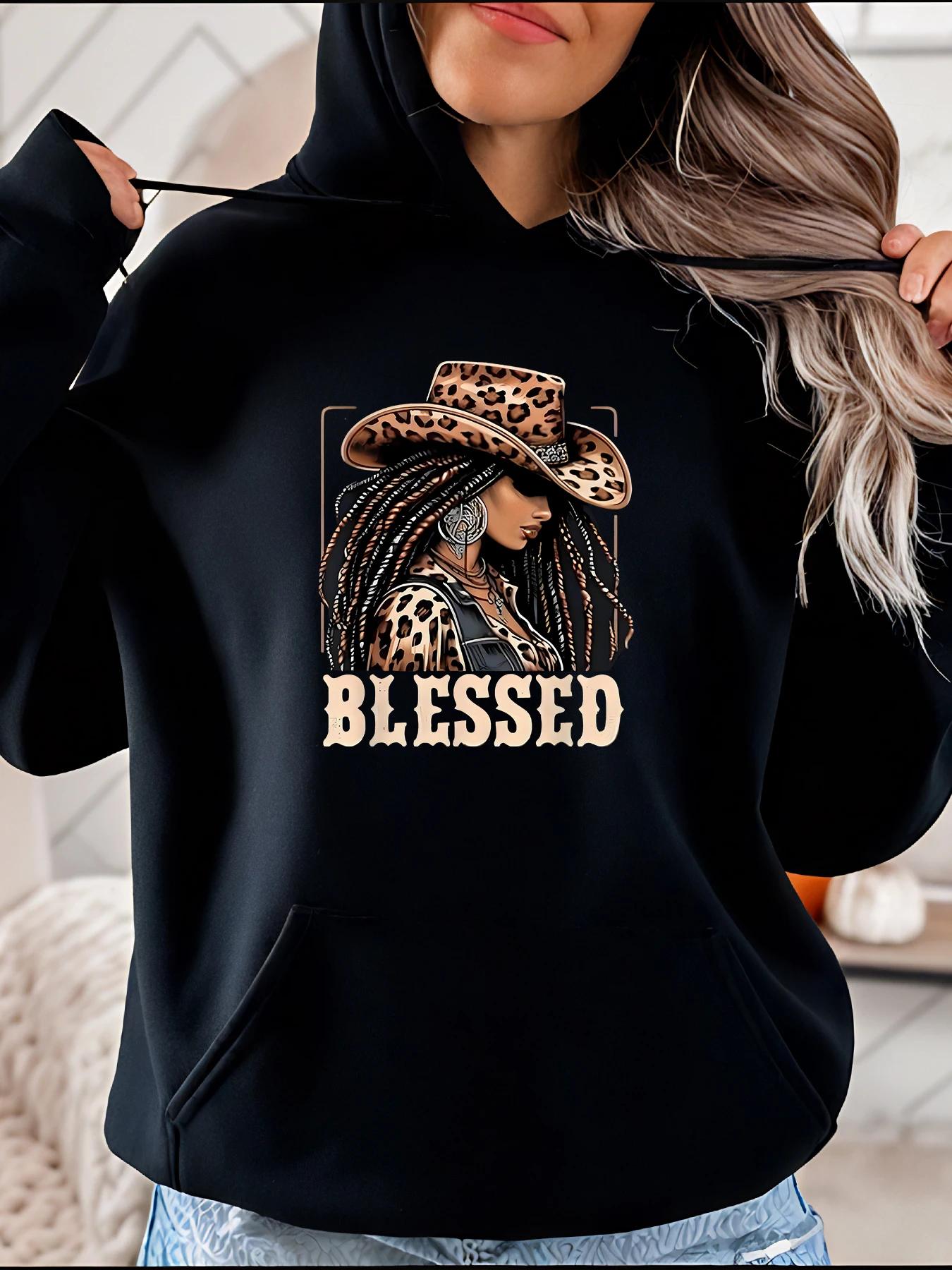 Sudadera con capucha para mujer Blessed Cowgirl Estampado de leopardo Sudadera gráfica Casual Streetwear Traje de moda para mujer