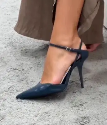 

Dark Blue Black Solid Matte Leather Pointed Toe Thin Heels Pumps Sexy Woman Ankle Buckle Strap 8 10 CM High Heel Dress Shoes
