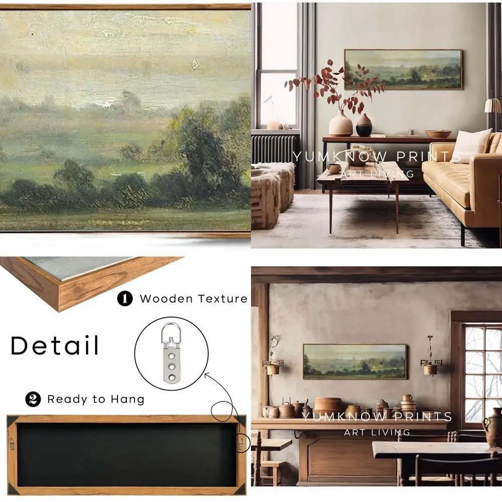 

Vintage Farmhouse Style Canvas Art - 13.5x40 Horizontal for Bedroom - Green Landscape with Trees and Mountains - Cottagecore Aes