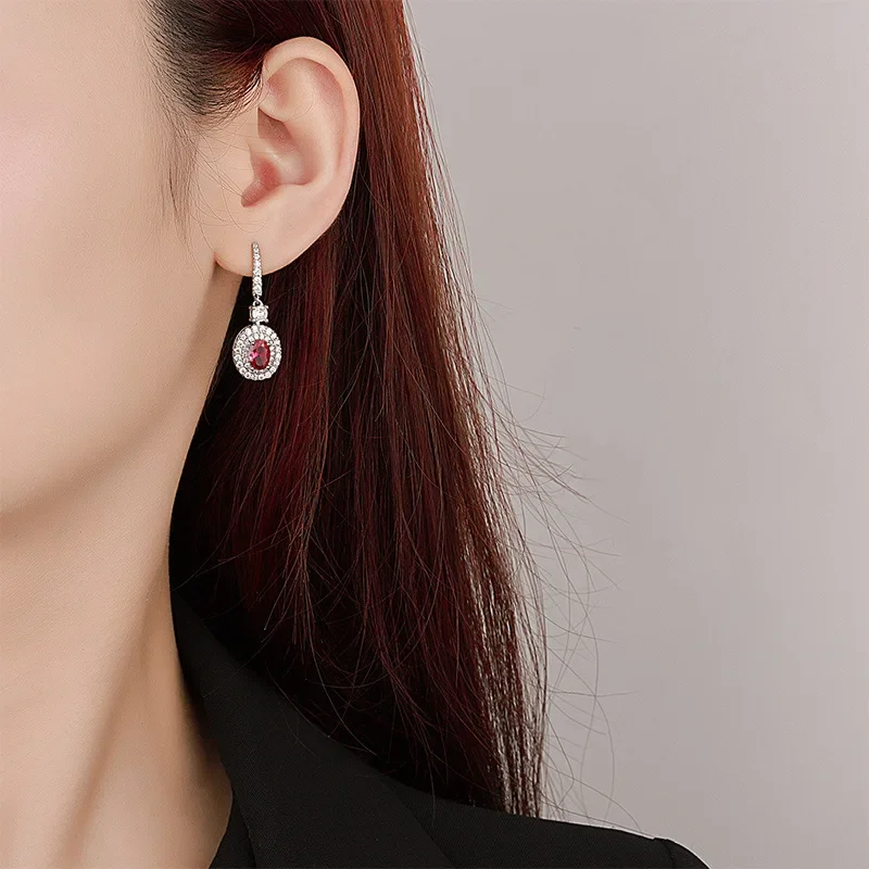 Jewelry black gold white plated blue new retro red corundum blue spinel women's earrings main stone 5 * 7 ear hanging jewelry