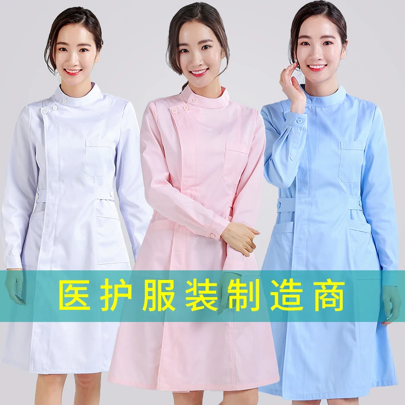 Nurse dress long sleeve spring dress large size stand collar skirt slim-fit pink blue white medical beauty salon work clothes