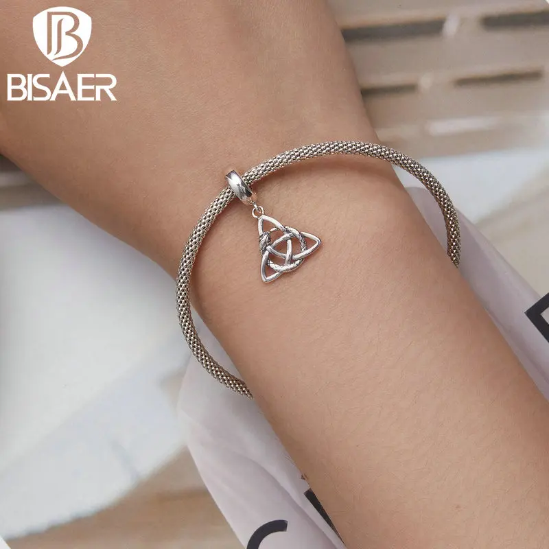 BISAER 100% 925 Sterling Silver Celtic Knot Charm Bead Vintage Snake Pendant Fit Female Bracelet Necklace DIY Fine Jewelry Gift