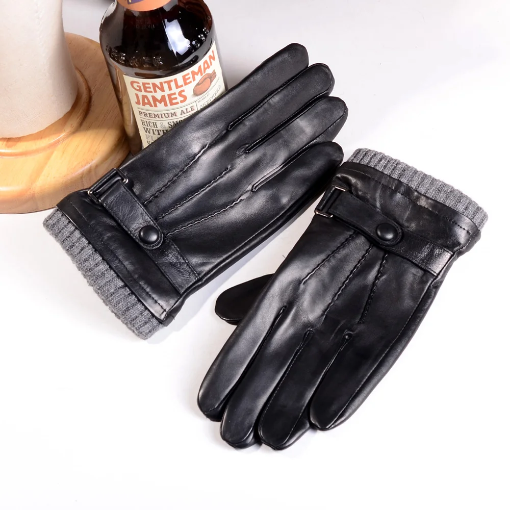 Knitted Rib Men‘s Real Leather Gloves Winter Motorcycle Gloves Warm Full Finger Driving Outdoor Touch Screen Gloves