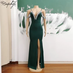 Dark Green Mermaid Long 2024 Evening Dress V Neck Spaghetti Straps Beading Spandex Sexy Women Prom Party Gowns Dropshipping