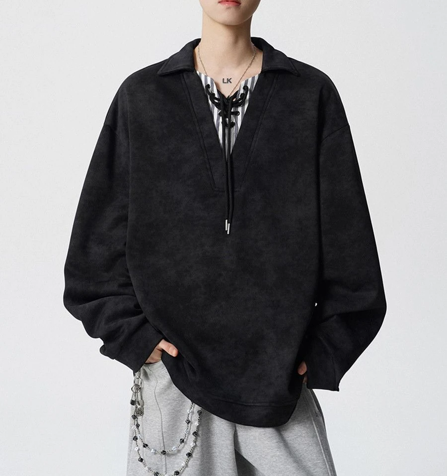 

Мужской свитер с завязками и эффектом тай-дай, весна 2026, свободный крой, с воротником поло, верхняя одежда