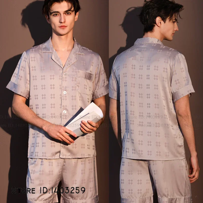 

Мужской пижамный комплект больших размеров: новая коллекция весна-лето, домашняя одежда, свободные шорты и футболка с коротким рукавом, атласные пижамы для отдыха