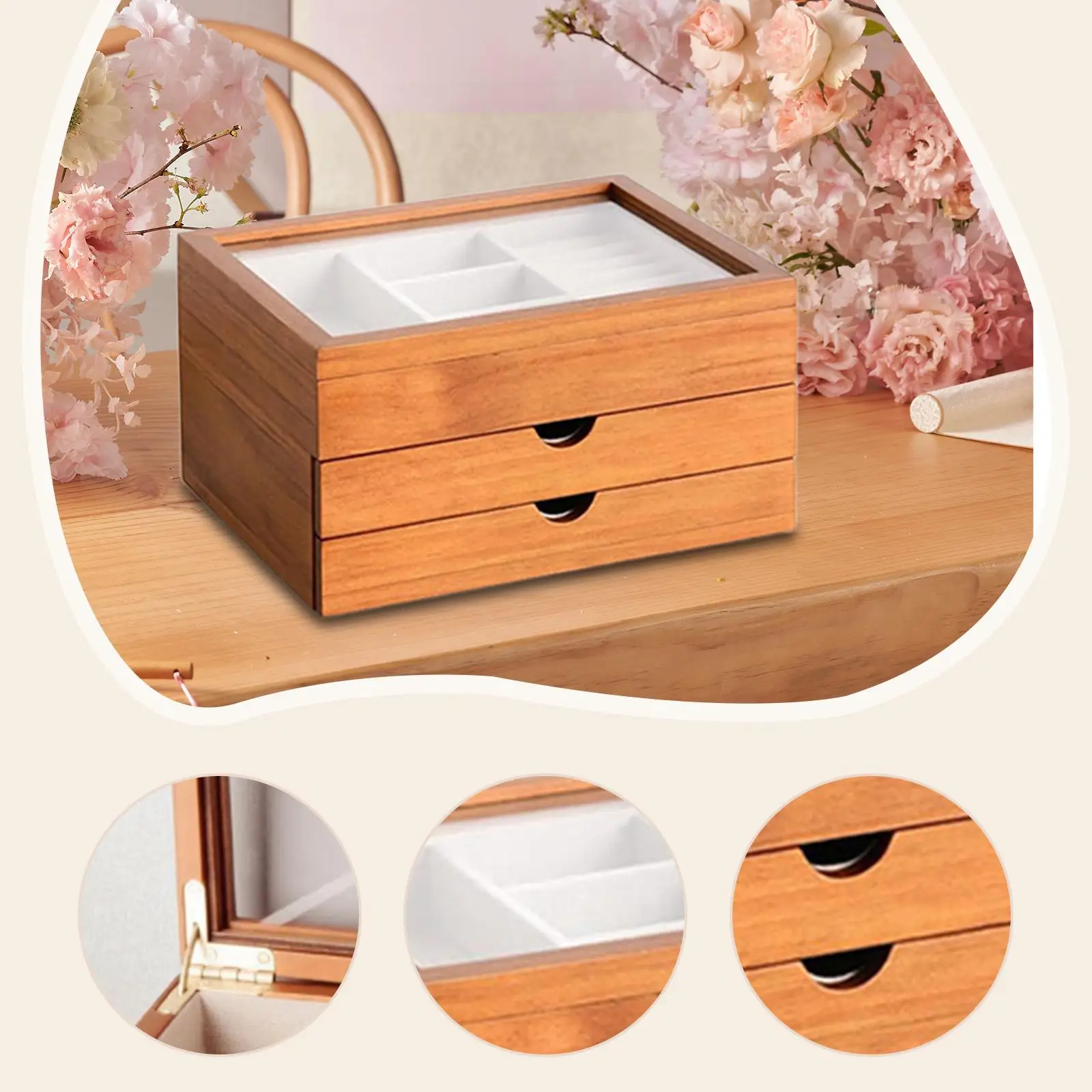 Stackable Jewelry Box with Clear Lid Wood Organizer Display Stand Three Layer for Women Nightstand